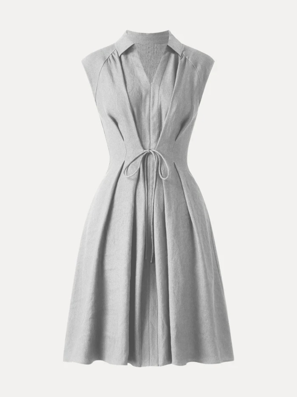 OGL Viscose-Linen Collared V-neck Midi Dress with Drawstring - Light Grey